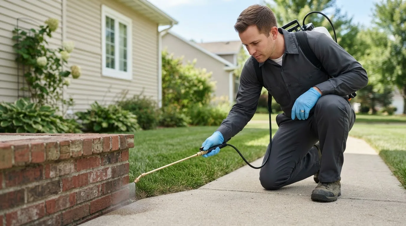 Pest control technician treating a home near Clearfield, IA