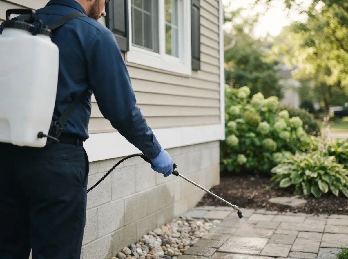 Pest control technician inspecting a home in Clearfield, IA